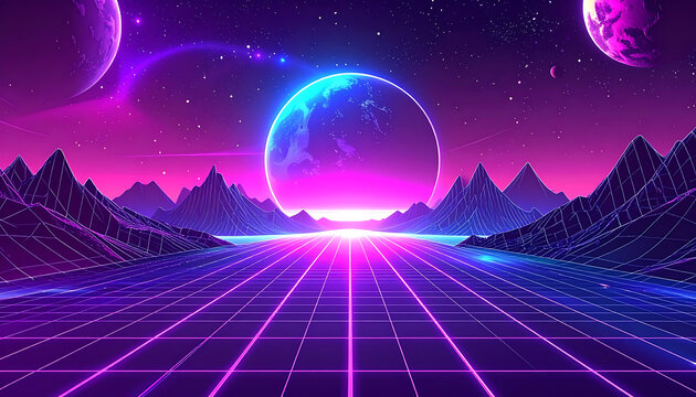 Retro pixel art landscape with glowing neon grid and planets, synthwave aesthetic, digital art