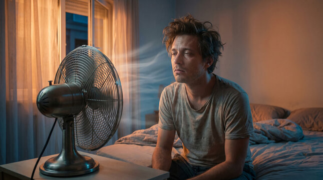 Exhausted man cooling off in front of fan