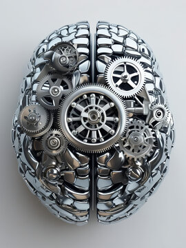 Photorealistic chrome brain built from interlocked gears and mechanical parts. Powerful visual for AI, machine thinking, automation and smart technology concept 2026.