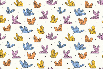Obraz premium Seamless boho pattern with hand drawn colorful pastel crystal gems on a light cream background. This abstract geometric mineral design is ideal for trendy esoteric textile prints, wrapping paper.