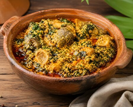 Traditional Nigerian Egusi Soup with Vegetables and Meat Served in a Rustic Clay Pot