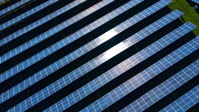 Photovoltaic solar panels array diagonal geometric background pattern. High angle abstract drone shot of numerous solar panel rows forming a clean diagonal pattern with bright sun flare.