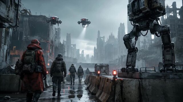 Group of travelers walking through abandoned cyberpunk city. Scout in red coat exploring dystopian ruins with military robot. Sci-fi post-apocalyptic exploration.
