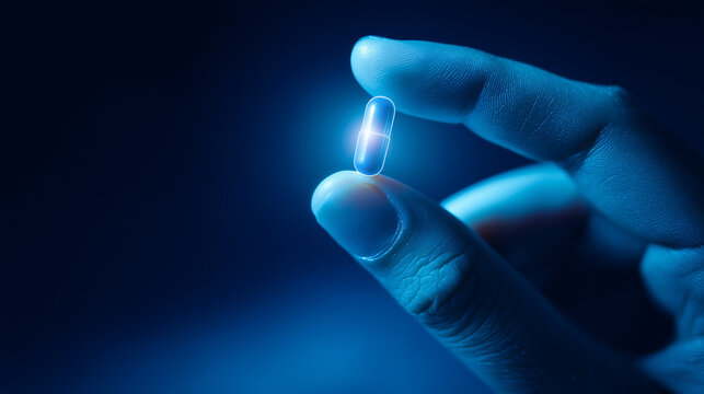 Hand holding glowing digital pill capsule in dark blue medical technology background, pharmaceutical innovation and precision medicine concept, ultra-realistic healthcare tech phot