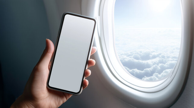 Passenger holding blank smartphone screen near airplane window, mobile travel app concept, flight booking service, online check in, digital boarding pass, vacation planning and avi