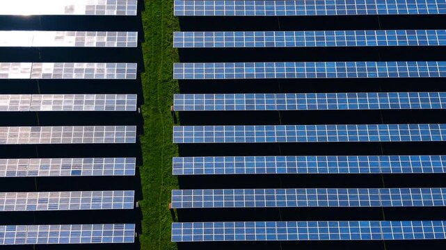 Direct top down aerial view of blue solar panel rows. Nadir aerial drone photograph showing clean geometric alignment of photovoltaic solar panel rows on green grass.