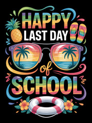 Obraz premium A vibrant graphic with the phrase 'Happy Last Day of School' surrounded by summer-themed elements.