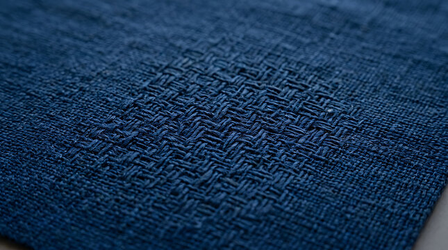 Macro View of Deep Indigo Blue Sashiko Fabric with Traditional HandMended Darning Details and Rustic Woven Texture for WabiSabi Aesthetics