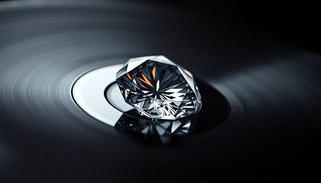 Extreme macro of a diamond stylus in a black vinyl record groove.