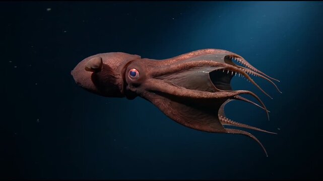 Deep sea vampire squid swimming in dark blue ocean water