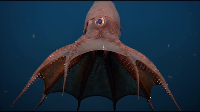 Front view of vampire squid drifting in deep ocean