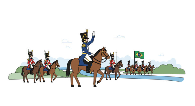 Brazilian Imperial Cavalry Soldiers on Horseback with Brazilian Flag in Historical Uniforms Vector