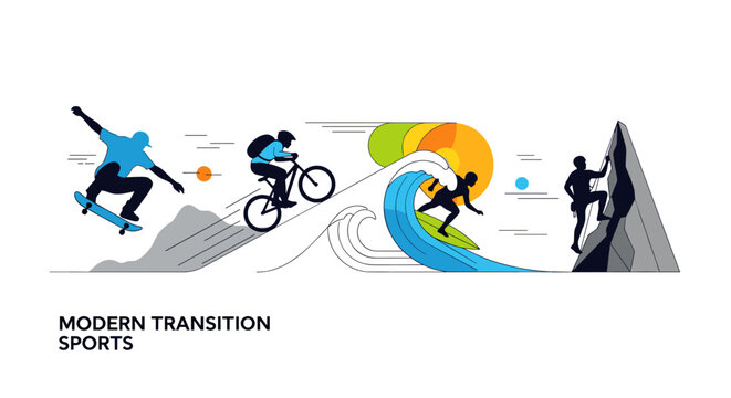 Modern transition sports illustration with skateboarding cycling surfing and rock climbing silhouettes Vector