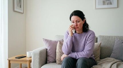 Fototapeta premium Woman sitting on couch crying while talking on the phone indoors 