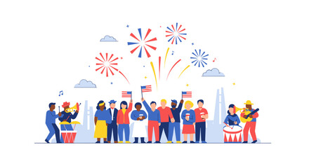 Fototapeta premium Diverse group of people celebrating with fireworks and music Vector