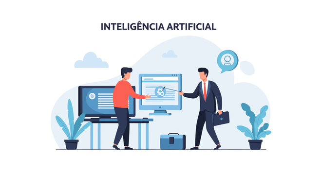 Artificial intelligence concept with two businessmen discussing technology and data on a computer screen Vector