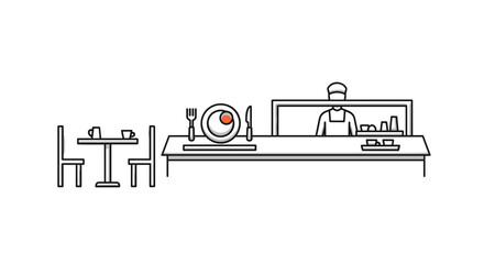 Obraz premium Restaurant interior with tables chairs and a chef preparing food behind the counter Vector