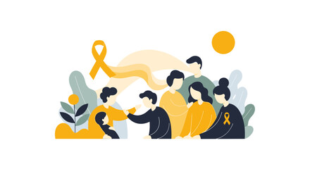 Fototapeta premium Community Support And Awareness For Childhood Cancer With Yellow Ribbons And Diverse People Vector