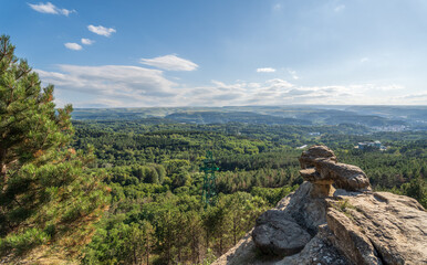 Obraz premium Majestic rocky cliffs and towering pine trees against blue sky.