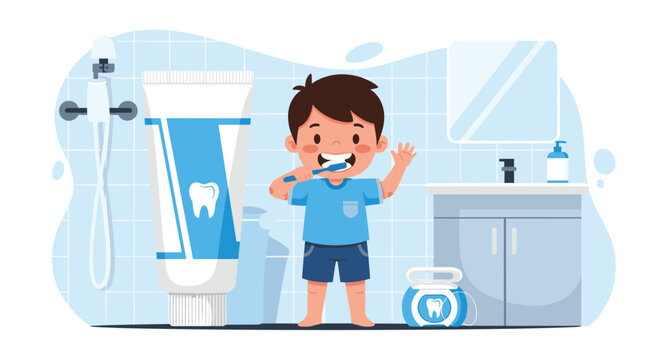 Young boy brushing his teeth diligently in bathroom with oversized toothpaste and dental floss for health.