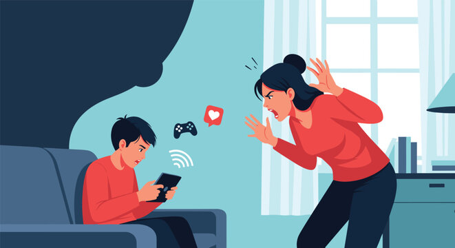 Angry mother shouting at her son who is distracted by playing games on tablet ignoring his social media notifications.