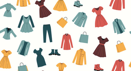 Fototapeta premium Hand drawn clothing pattern with various dresses shirts pants and shopping bags for modern fashion and retail.