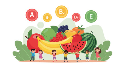 Obraz premium Happy children standing under a giant pile of fresh fruits like watermelon and bananas to promote healthy eating and essential vitamins.
