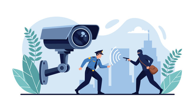 Security camera watching a policeman catching a robber with a gun in a city for urban safety and surveillance.