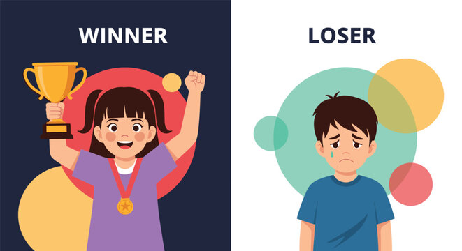 Contrast between a happy girl celebrating as a winner with a trophy and a sad boy crying as a loser after a competitive game or event.