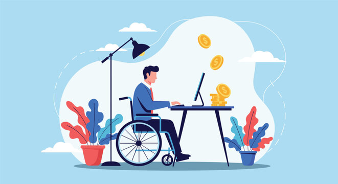 Hardworking disabled man in a wheelchair using a computer at his desk to earn money and achieve professional success and independence.