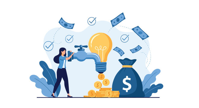 Creative woman turning a faucet on a giant lightbulb to pour out gold coins into a money bag to represent monetizing new ideas.