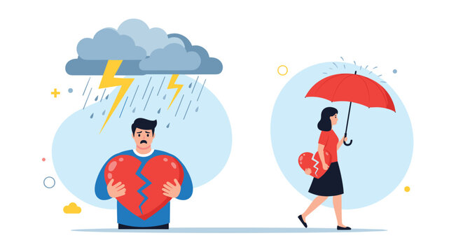 Contrast between a heartbroken man in a rainstorm and a woman with a broken heart finding shelter under an umbrella.