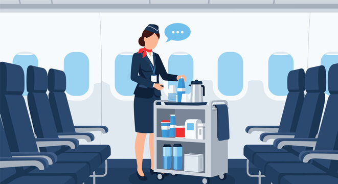Professional flight attendant prepares a beverage and snack cart in the empty aisle of a modern airplane cabin.
