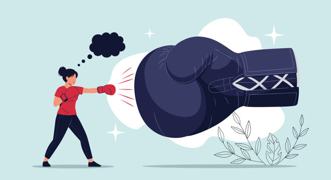 Brave woman in a red shirt punches a giant boxing glove that represents her big problems and internal thoughts.