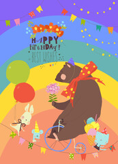 Fototapeta premium Cartoon Birthday card with Cute Bear riding Bicycle, Funny Cat , Rabbit and Mouse