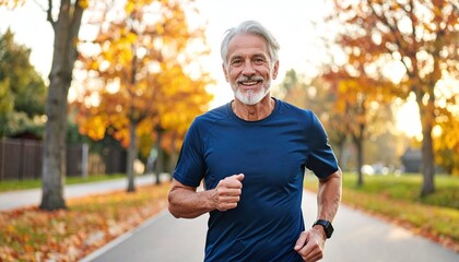 Fototapeta premium Vibrant portrait of a smiling senior man jogging on a leafstrewn road in autumn. Illustrates healthy aging, active retirement, and outdoor fitness. Ideal for wellness and life insurance.