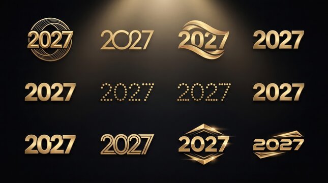 Golden 2027 year logos and icons on black background