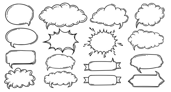 Blank comic speech bubbles and dialog frames set in various shapes and styles for creative writing and storytelling in a black and white line art vector format