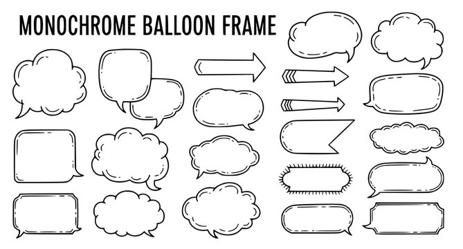Monochrome balloon frame and speech bubble collection with arrows and decorative borders in a hand drawn line art style for comic strips and graphic design