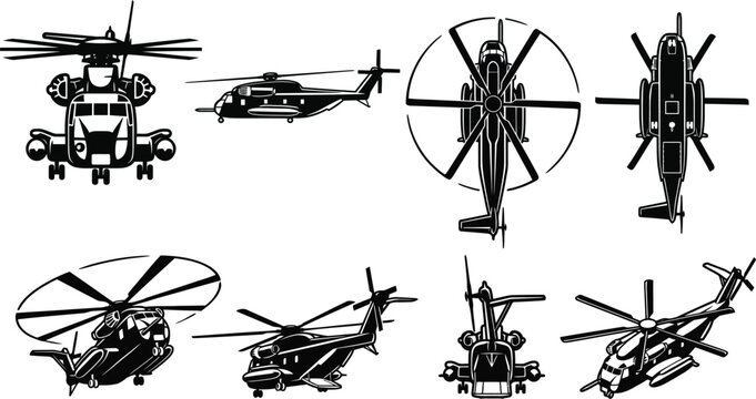 CH-53 Sea Stallion Heavy Lift Helicopter Bold Graphic Illustration Set 8 Views Front Side Top Isometric Vector