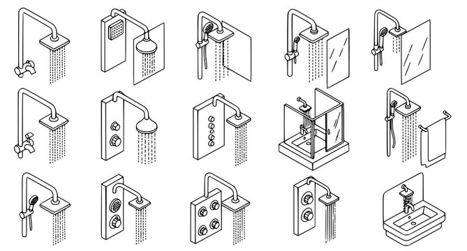 Comprehensive collection of modern shower heads and fixtures in isometric line art