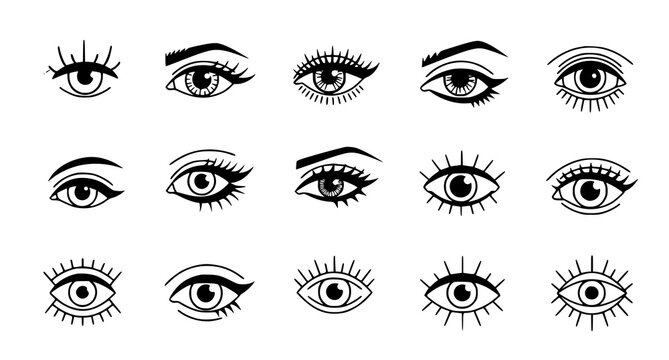 Collection of stylized eye icons with long lashes and various makeup looks in black and white line art for fashion and beauty graphic design