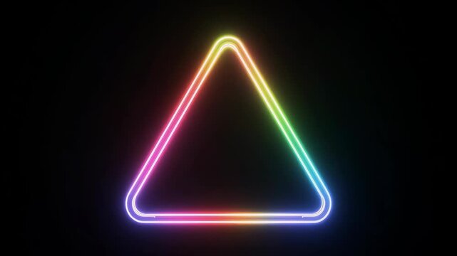 Glowing rainbow neon triangle outline on black background in minimal futuristic geometric design
