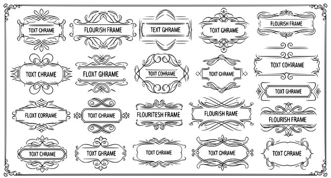 Set of decorative flourish frames and text boxes for elegant typography and wedding stationery design in black and white line art style