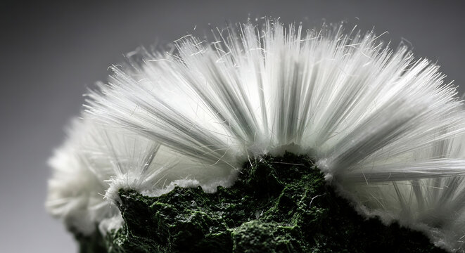 Macro photography of white chrysotile asbestos mineral fibers on rock specimen representing dangerous industrial hazardous materials and environmental remediation