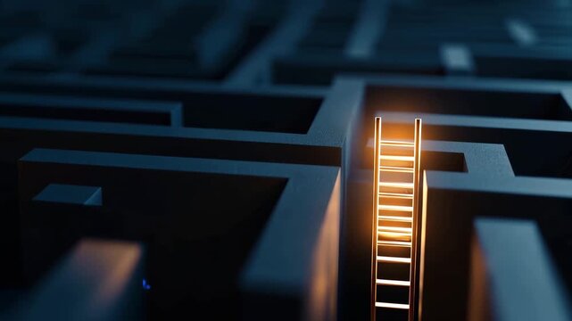 Abstract dark maze with illuminated exit ladder, strategic solution concept, business challenge