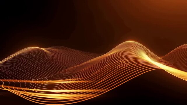 Abstract orange glowing wave lines on dark background, futuristic digital energy flow, data stream, technology motion, luminous grid, cyber network, dynamic light pattern