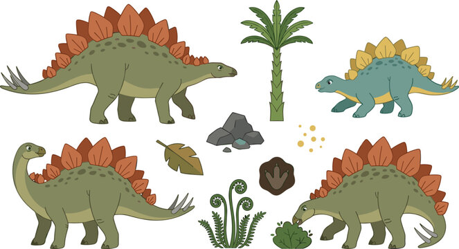 Stegosaurus Dinosaur Character Vector Clipart Set with Prehistoric Palm Tree, Fern Plants, Rocks, and Fossil Footprint Elements for Jurassic Era Designs