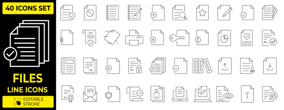 Document and Files Line Icons Set, Minimalist Office Paperwork Data Storage and Archive Management Vector Elements Collection with Editable Stroke