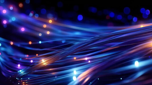 Dark abstract fiber optic data network with glowing blue cables, colorful signal lights, internet infrastructure, cloud technology, cybersecurity system, telecom communication